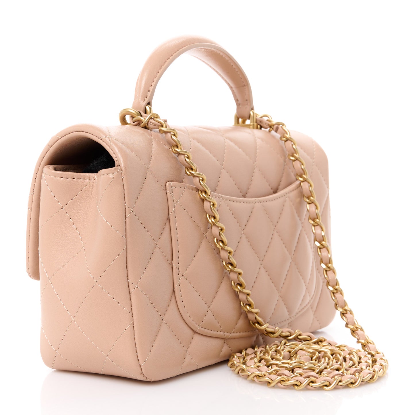 Lambskin Quilted Mini Top Handle Rectangular Flap Beige
