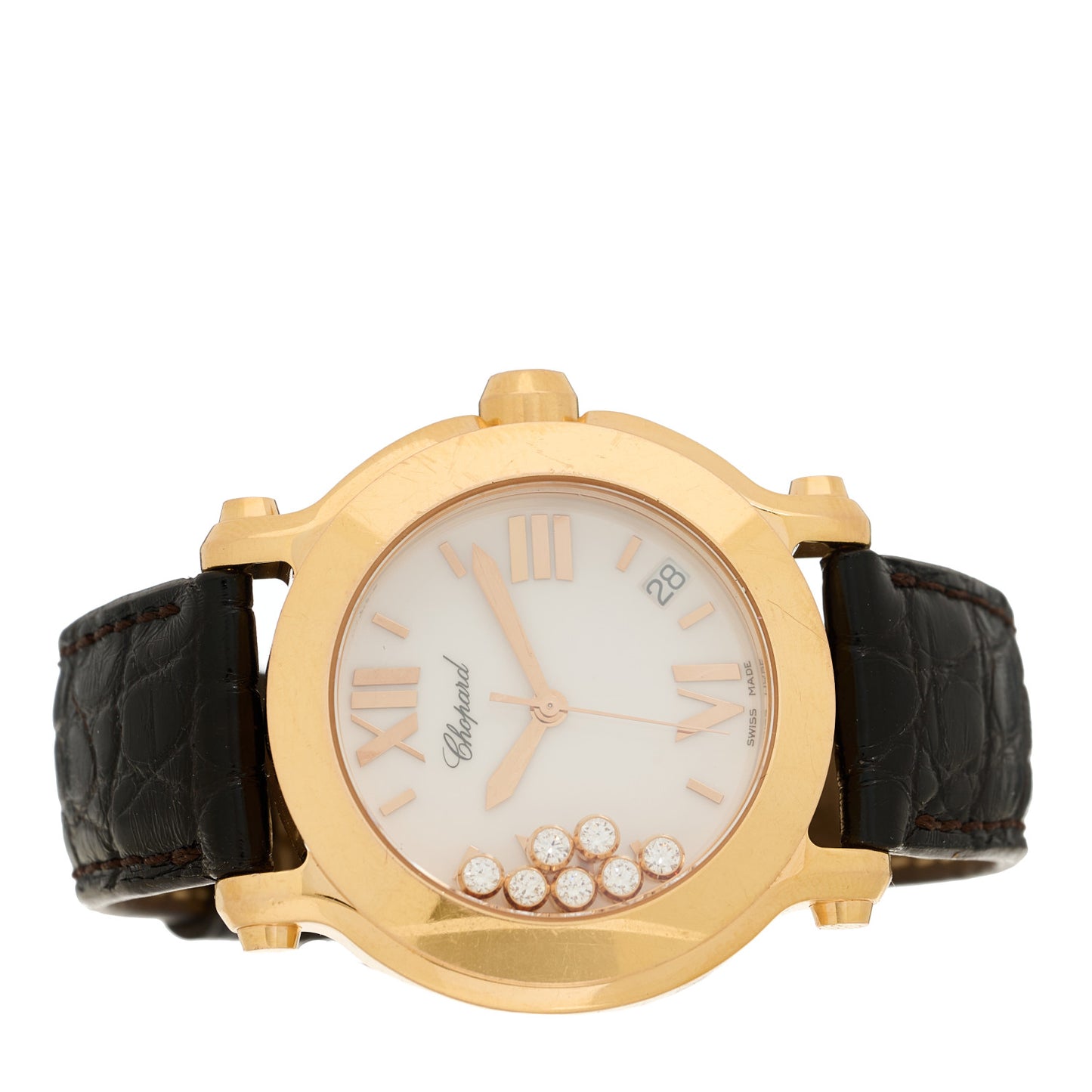 18K Rose Gold Alligator 7 Diamond 36mm Happy Sport Quartz Watch