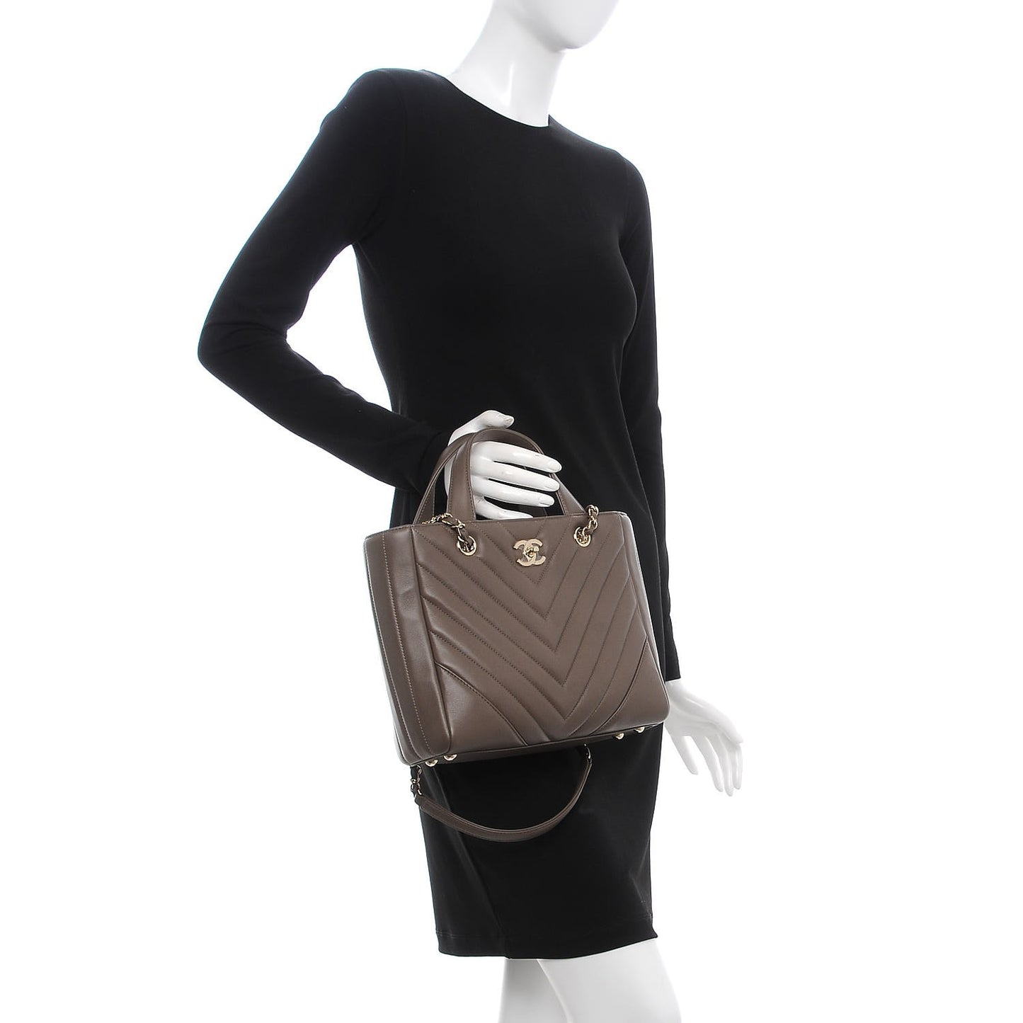 Calfskin Chevron Quilted Small Statement Shopping Tote Khaki