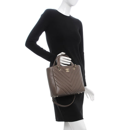 Chanel Calfskin Chevron Quilted Small Statement Shopping Tote Khaki 3 of 8