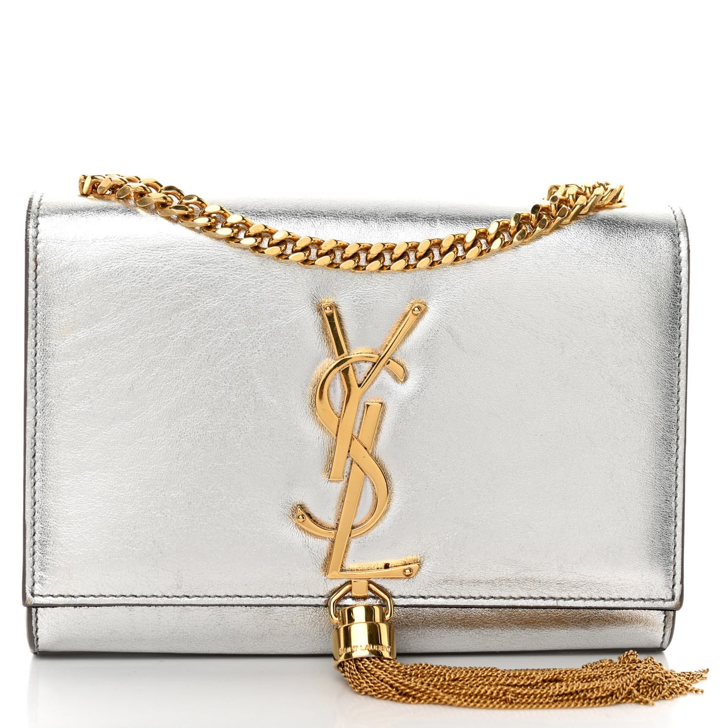 Metallic Calfskin Small Classic Monogram Kate Tassel Satchel Silver