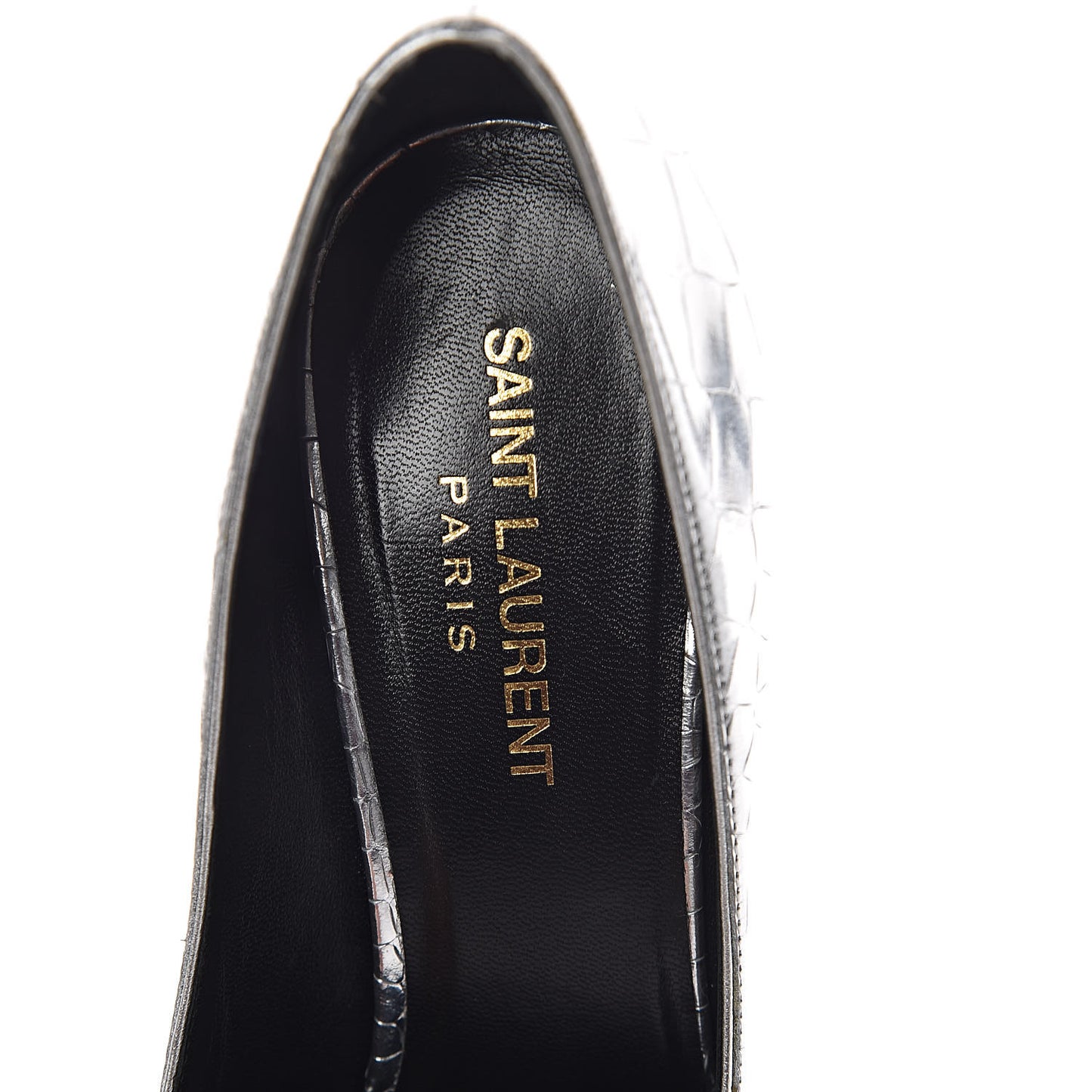 Metallic Calfskin Crocodile Embossed Paris 105 Pumps 37.5 Silver Moon