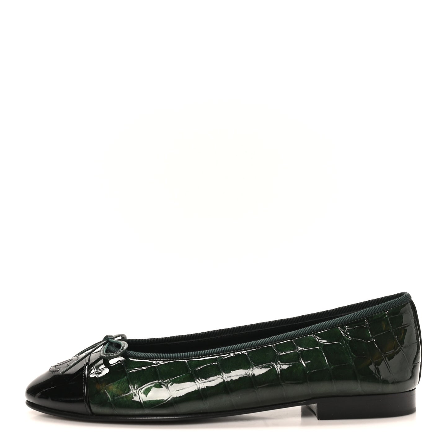 Crocodile Embossed Patent Calfskin Cap Toe CC Ballerina Flats 38 Dark Green Black