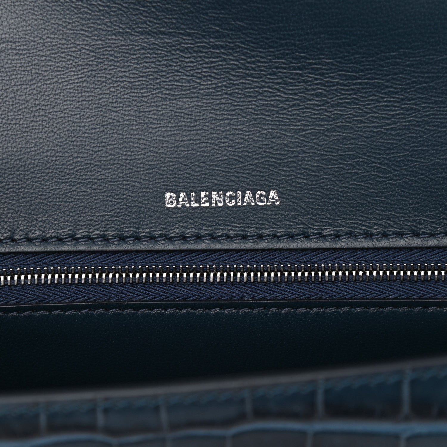 Balenciaga Shiny Calfskin Crocodile Embossed Medium Hourglass Top Handle Bag Denim Blue 6 of 13