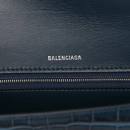 Balenciaga Shiny Calfskin Crocodile Embossed Medium Hourglass Top Handle Bag Denim Blue 6 of 13