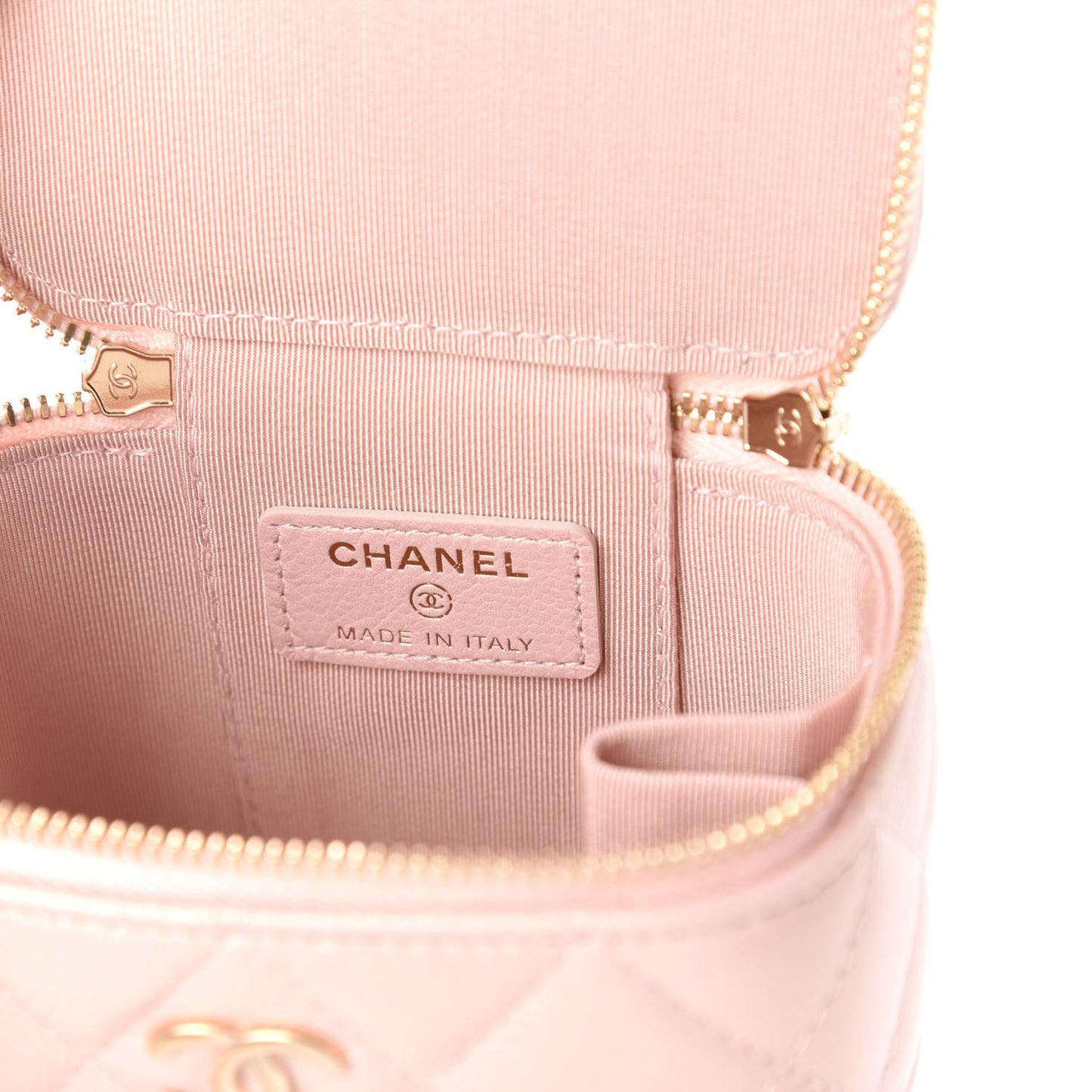 Iridescent Caviar Quilted Mini Pearl On Top Vanity Case With Chain Light Pink