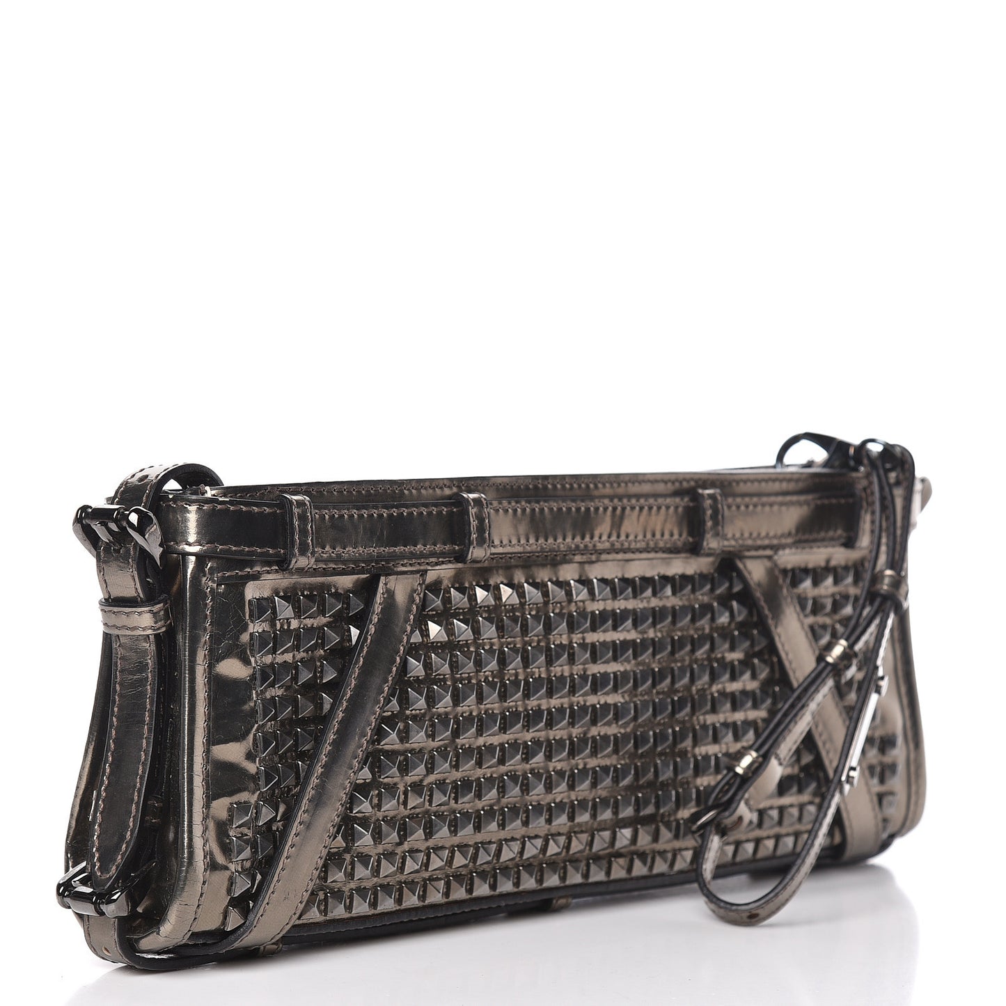 Metallic Patent Studded Wristlet Clutch Pewter