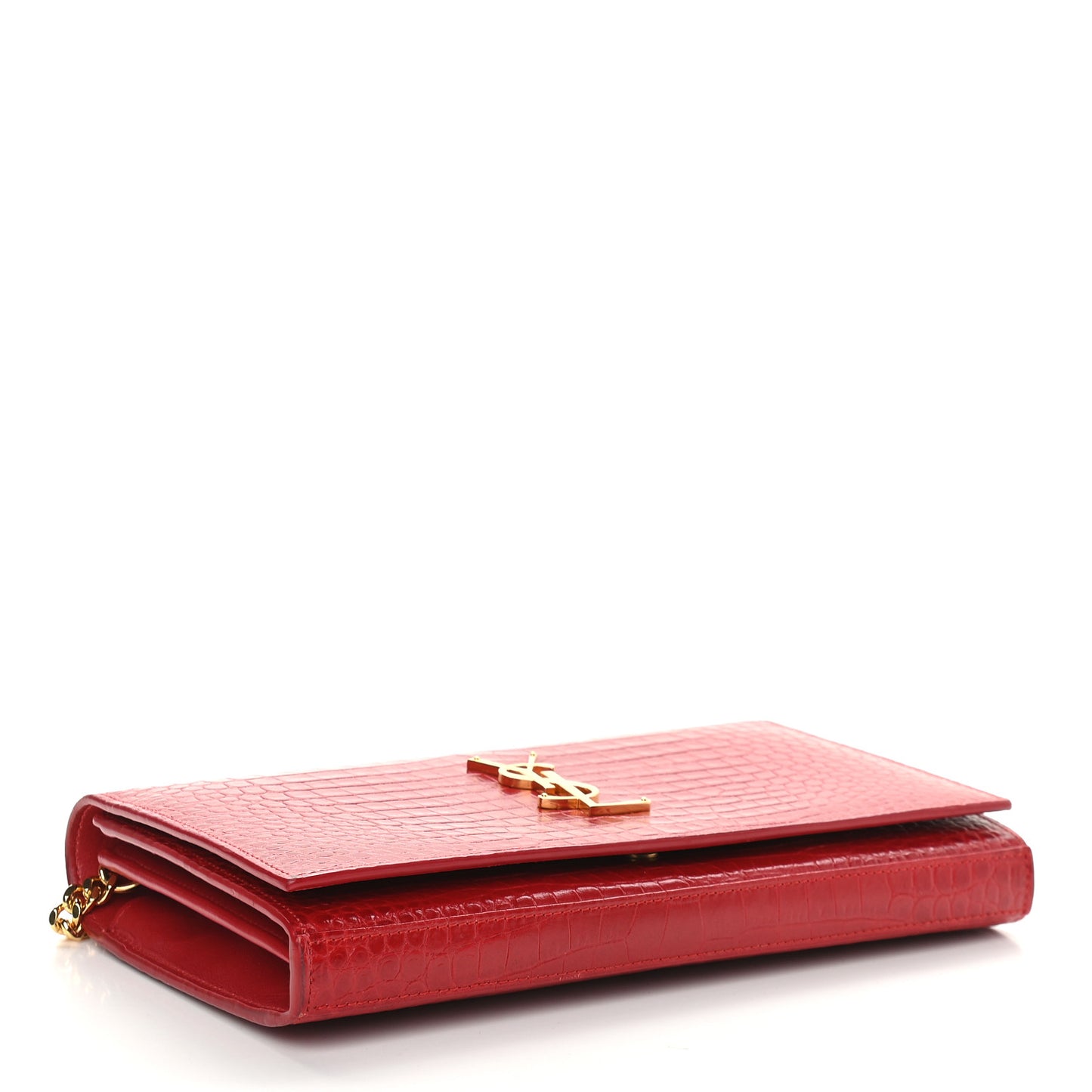 Calfskin Crocodile Embossed Monogram Chain Wallet New Lipstick Red