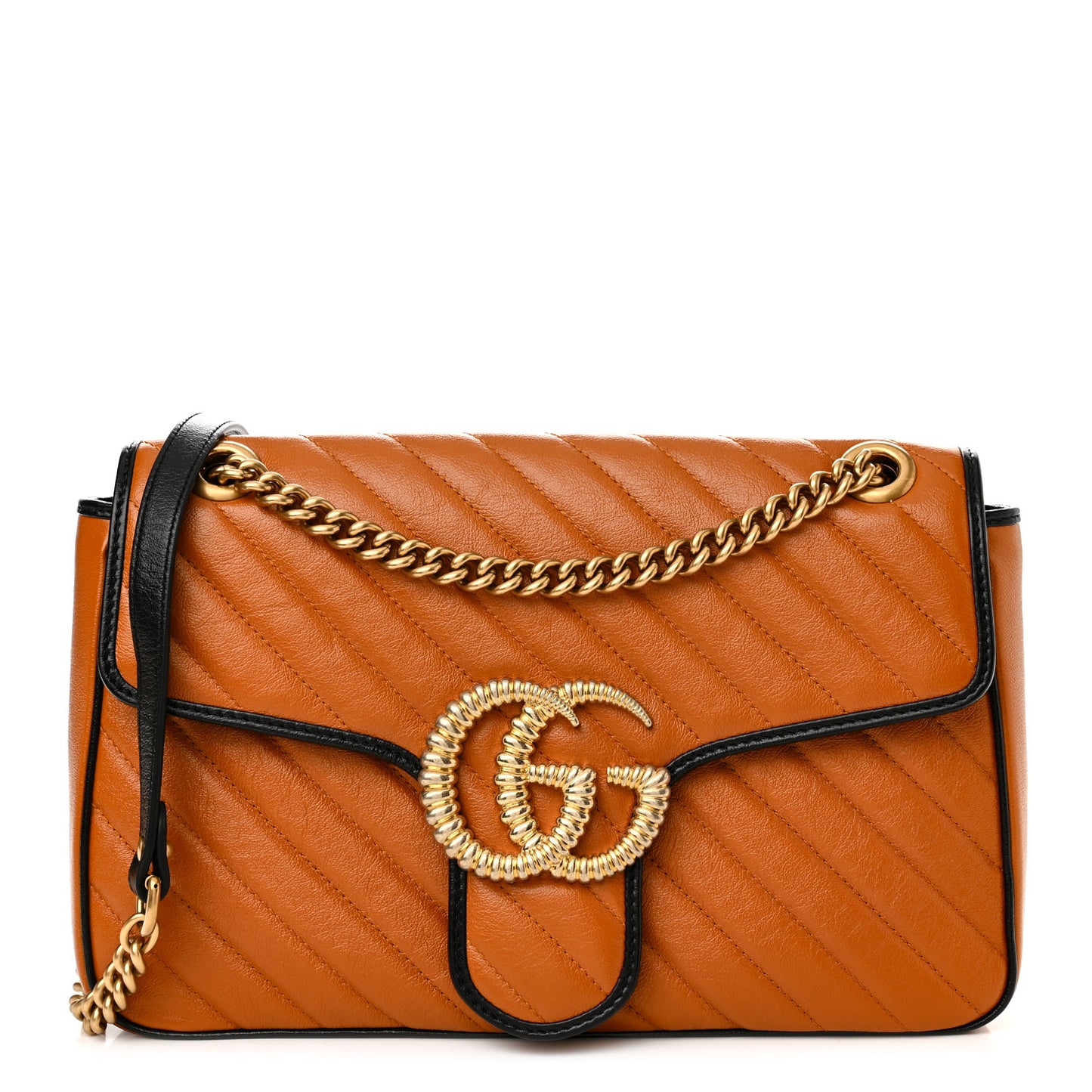 Vintage Effect Calfskin Matelasse Diagonal Small Torchon GG Marmont Shoulder Bag Cognac Black