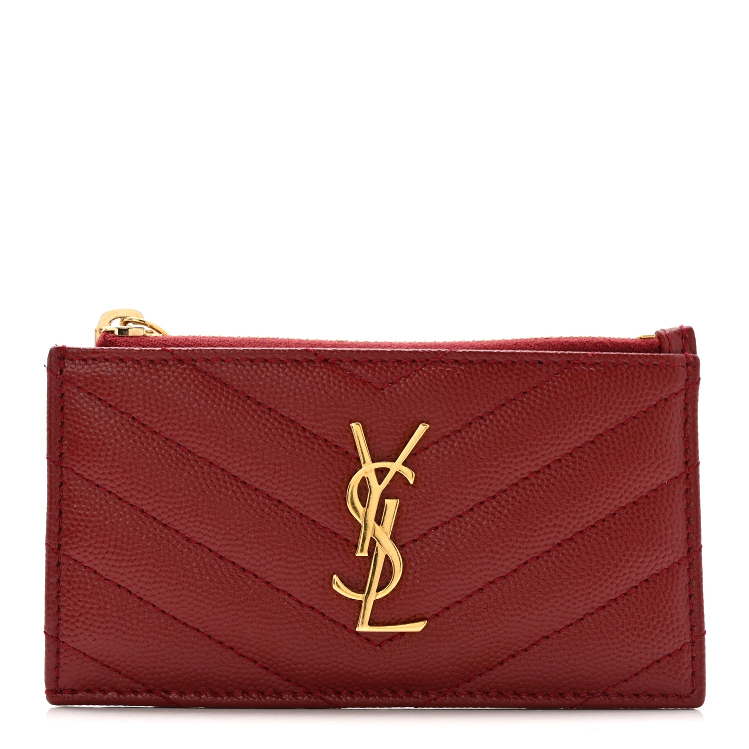Saint Laurent Grain De Poudre Matelasse Chevron Monogram Fragments Zippered Card Case Opyum Red 1 of 10