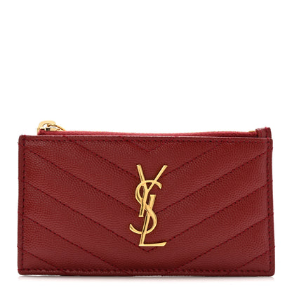Saint Laurent Grain De Poudre Matelasse Chevron Monogram Fragments Zippered Card Case Opyum Red 1 of 10