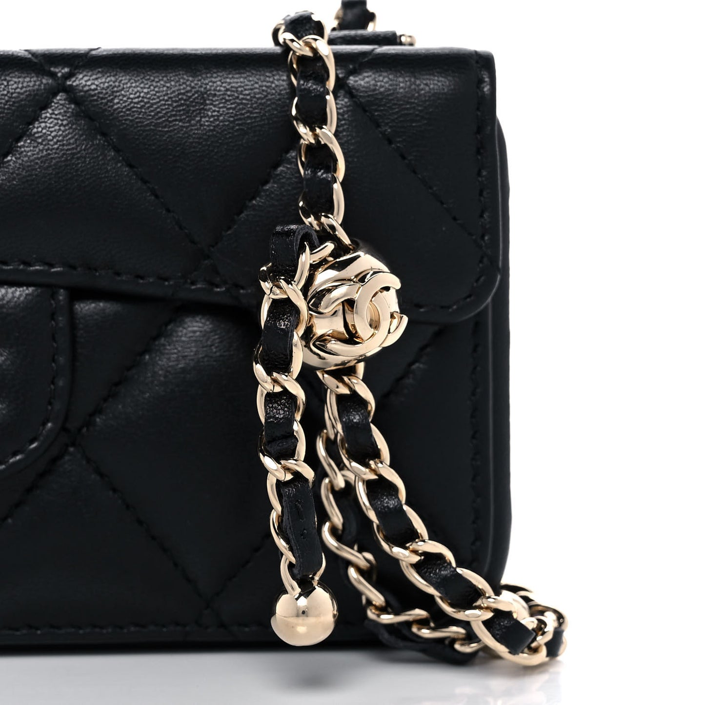 Lambskin Quilted Pearl Crush iPhone XII Pro Holder With Chain Black