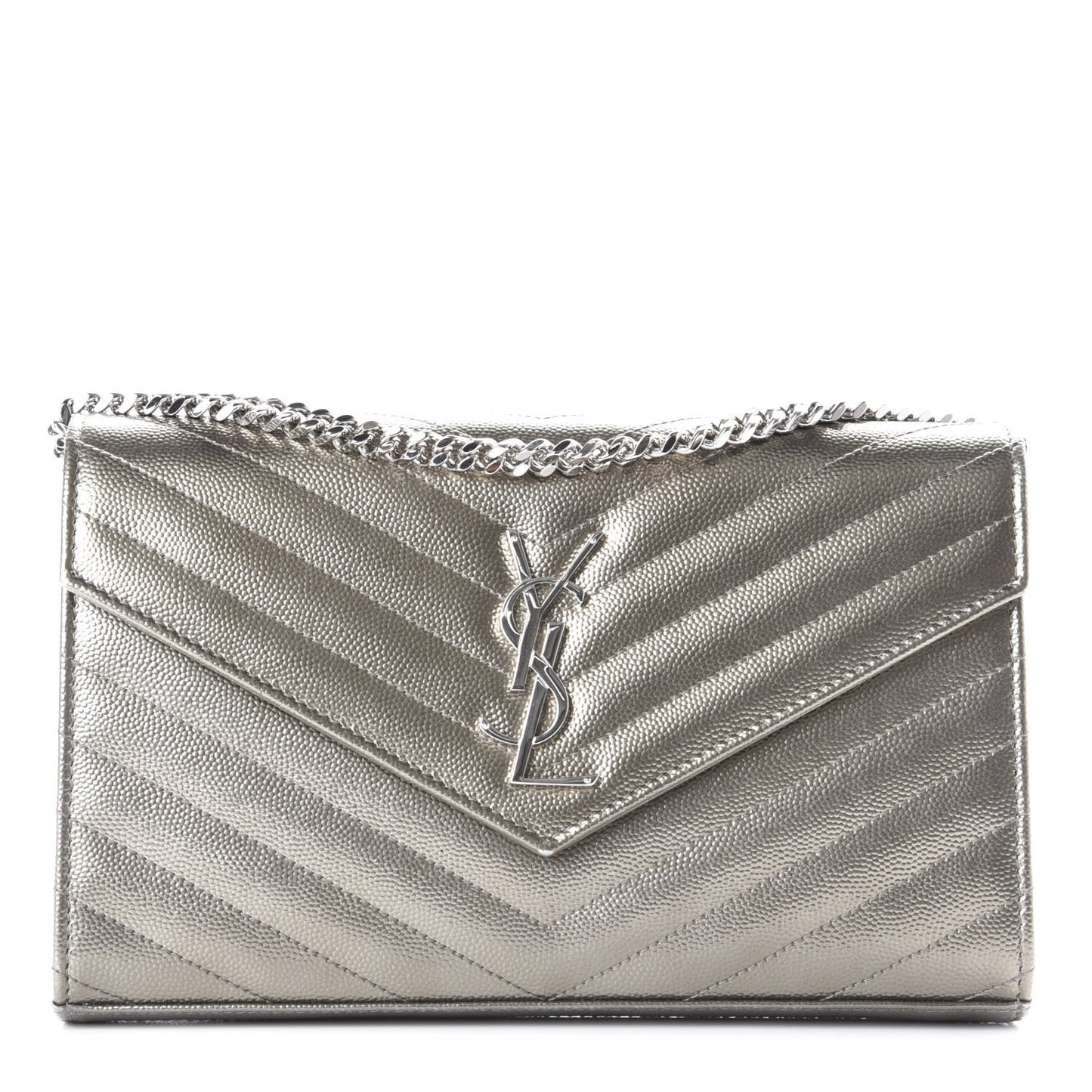 Metallic Grain De Poudre Matelasse Chevron Monogram Chain Wallet Piombo