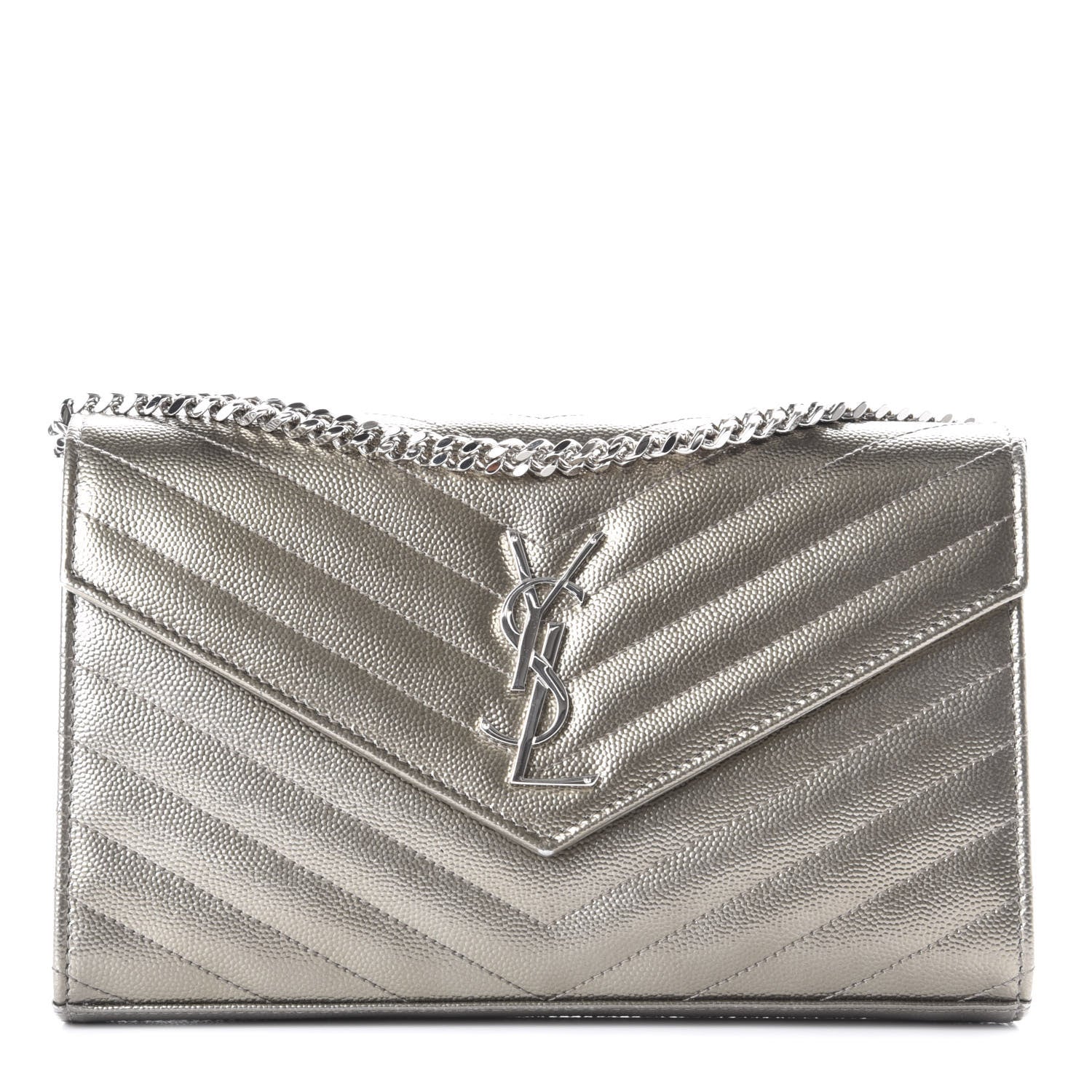 Saint Laurent Metallic Grain De Poudre Matelasse Chevron Monogram Chain Wallet Piombo 1 of 9