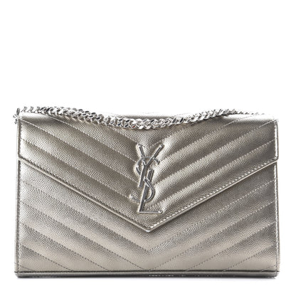 Saint Laurent Metallic Grain De Poudre Matelasse Chevron Monogram Chain Wallet Piombo 1 of 9