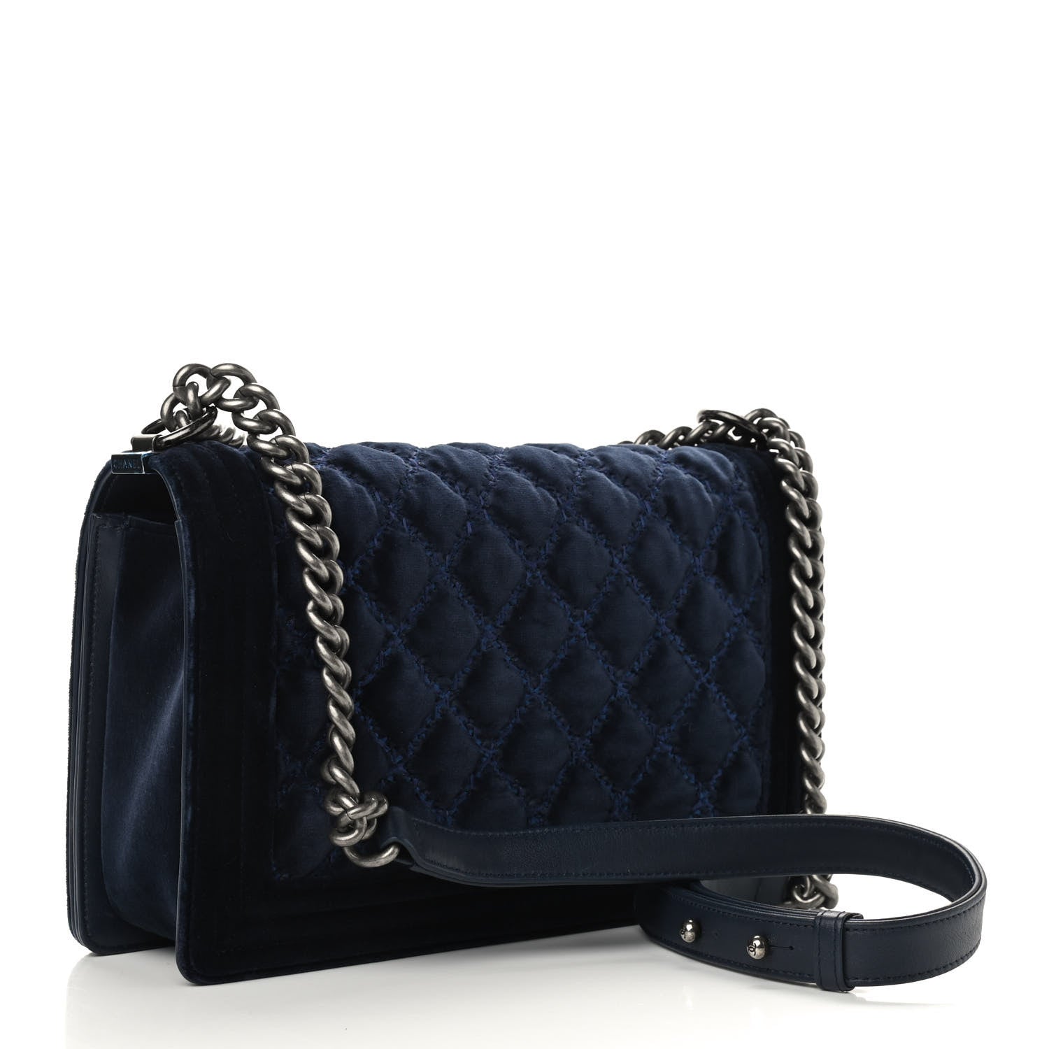 Chanel Velvet Tweed Quilted New Medium Boy Flap Dark Navy Blue 3 of 9