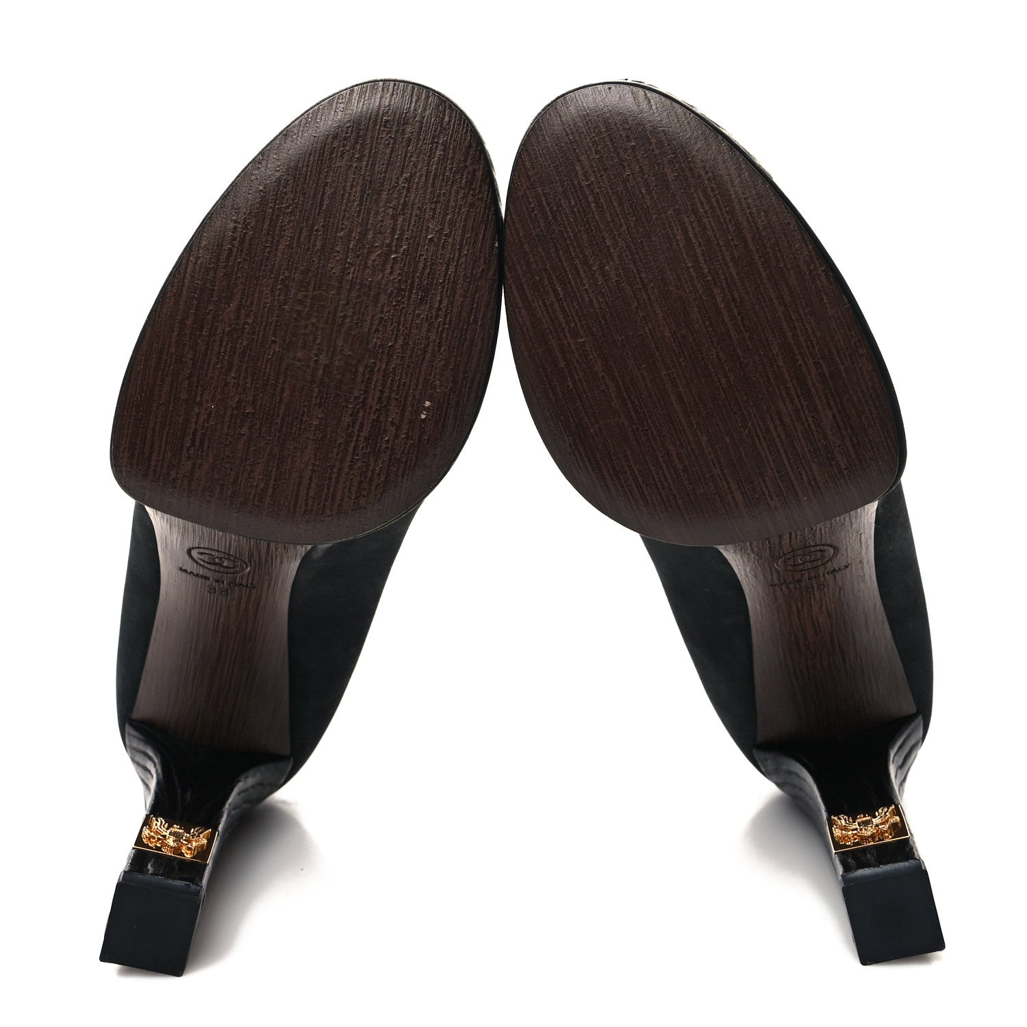 Chanel Wax Suede Wood Pumps 38 Black Brown 5 of 9