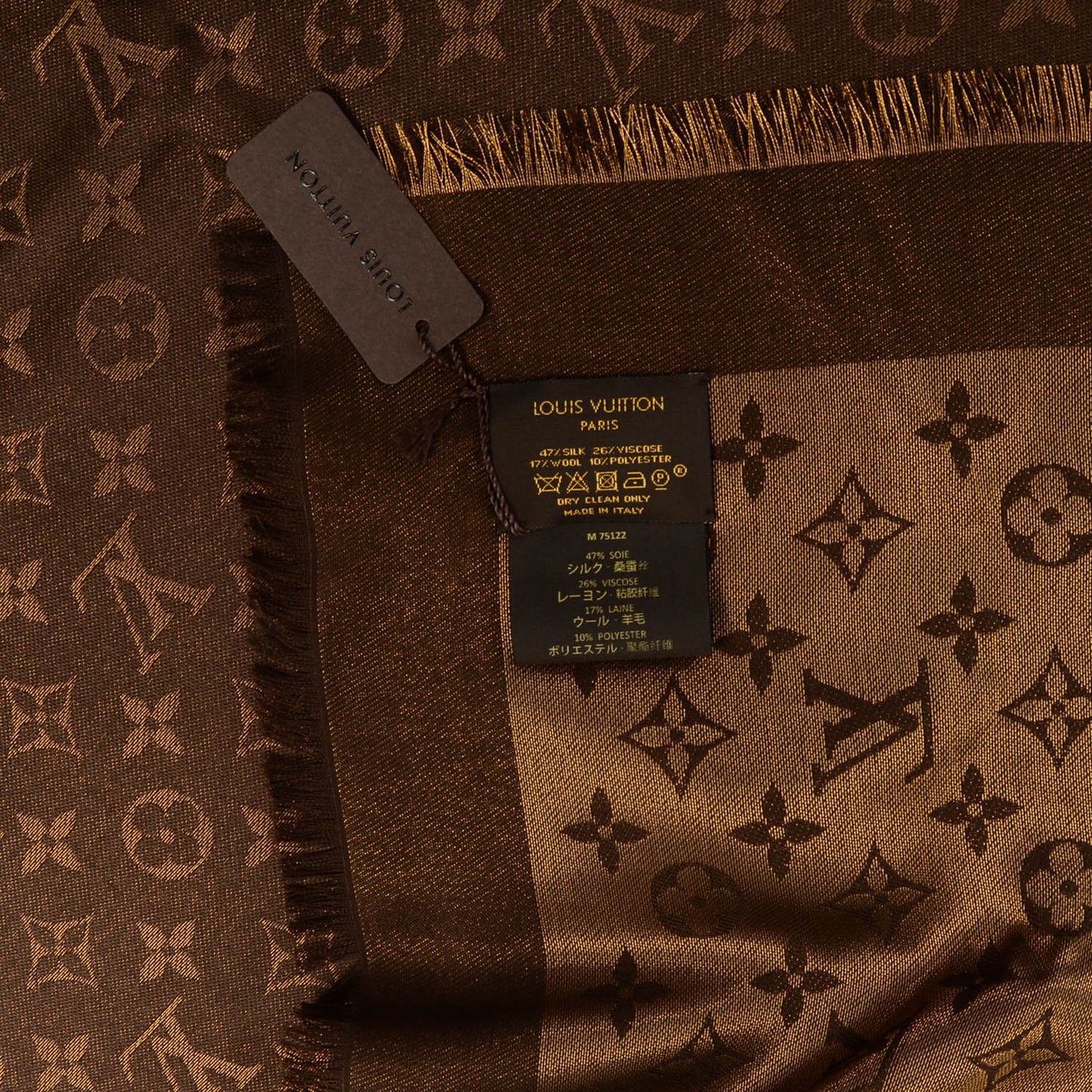 Silk Wool Monogram Shine Shawl Marron