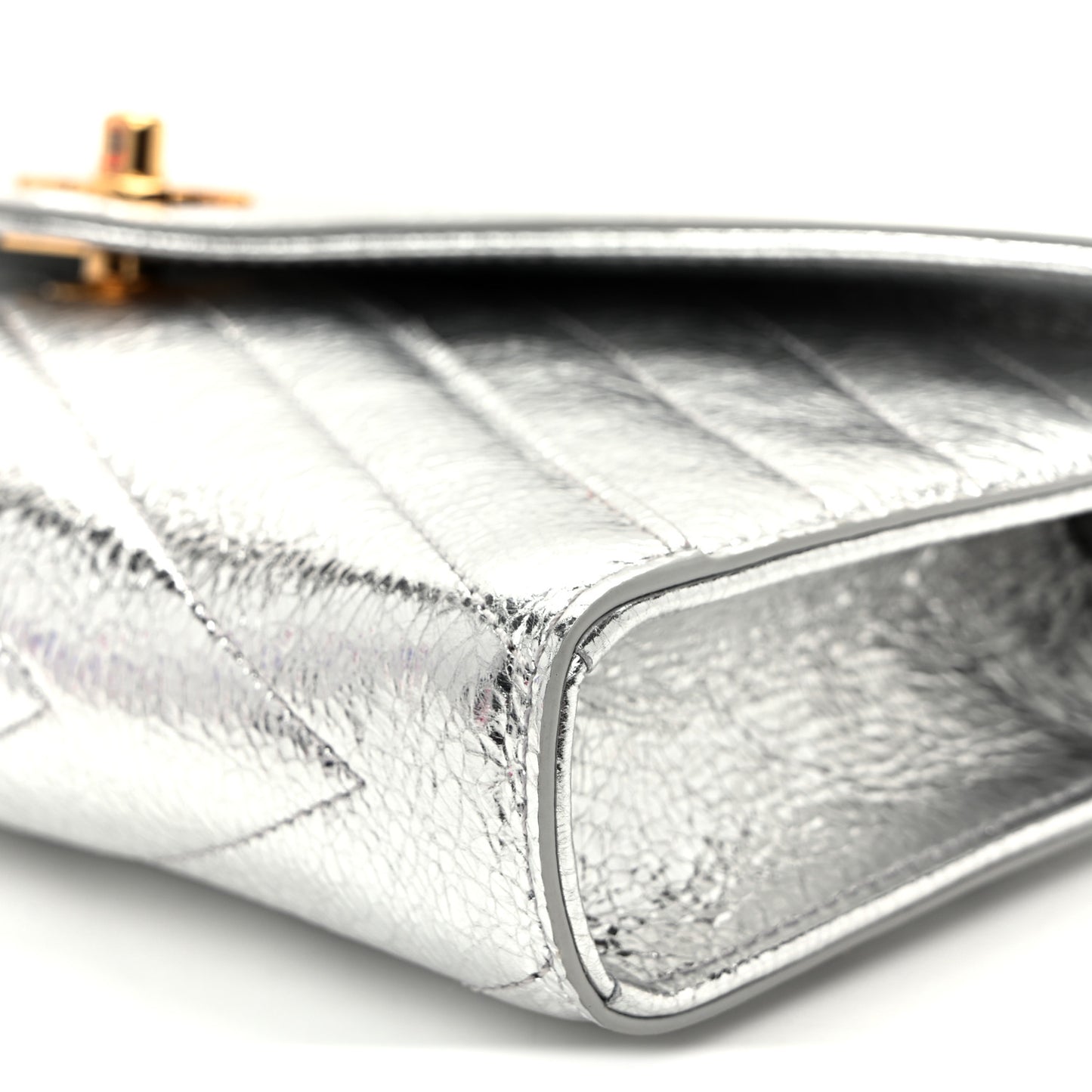 Metallic Aged Calfskin Chevron Quilted Top Handle Envelope Clutch Silver