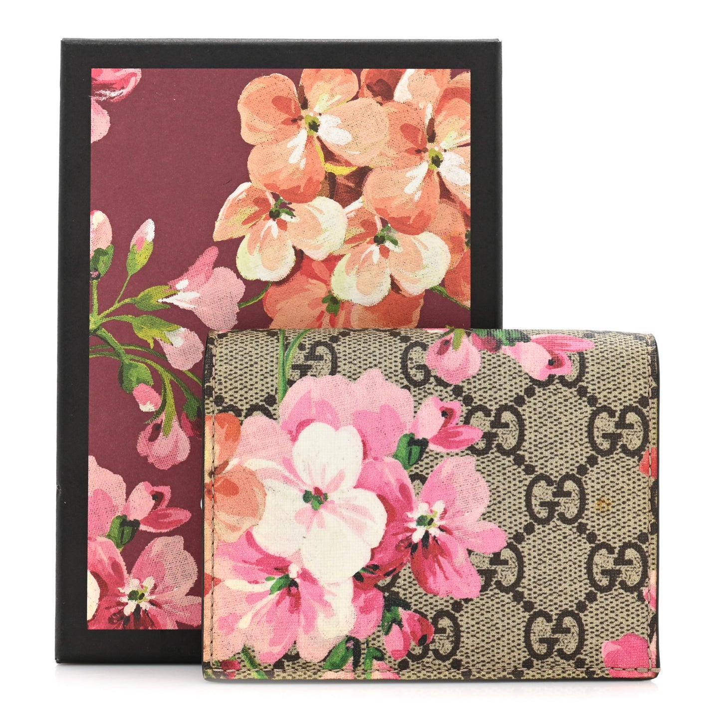 GG Supreme Monogram Blooms Card Case Wallet Beige Multicolor Dry Rose