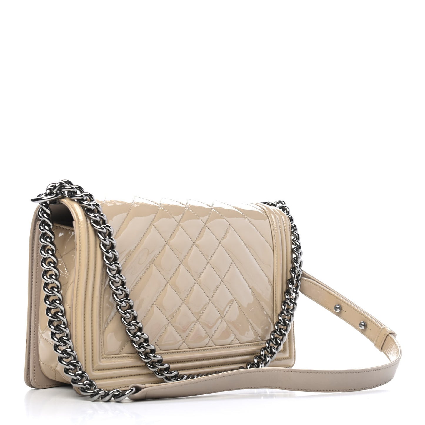 Patent Chevron Quilted New Medium Boy Flap Light Beige