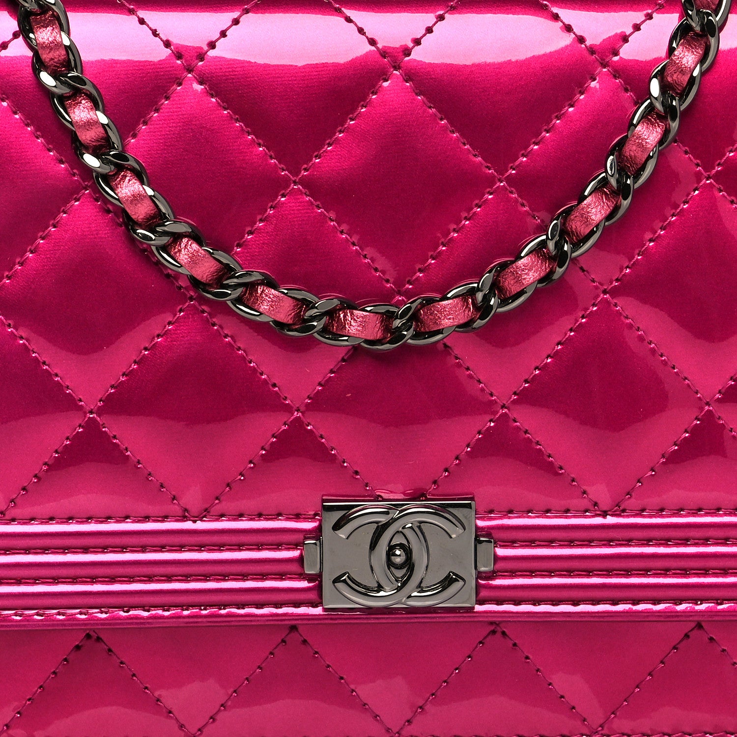 Chanel Metallic Patent Calfskin Quilted Boy Wallet On Chain WOC Fuchsia 9 of 10