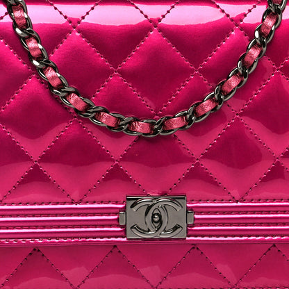 Chanel Metallic Patent Calfskin Quilted Boy Wallet On Chain WOC Fuchsia 9 of 10