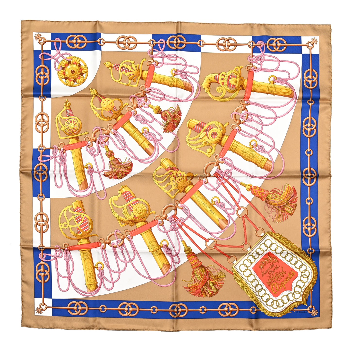 Silk Cliquetis Scarf 90 Camel Indigo Vieil