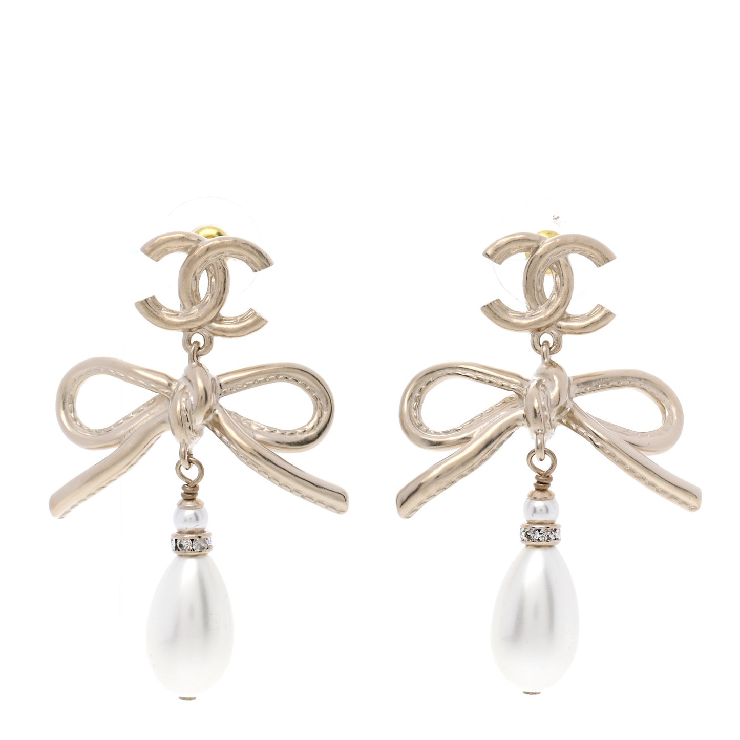 Pearl Crystal CC Bow Drop Earrings Gold Pearly White