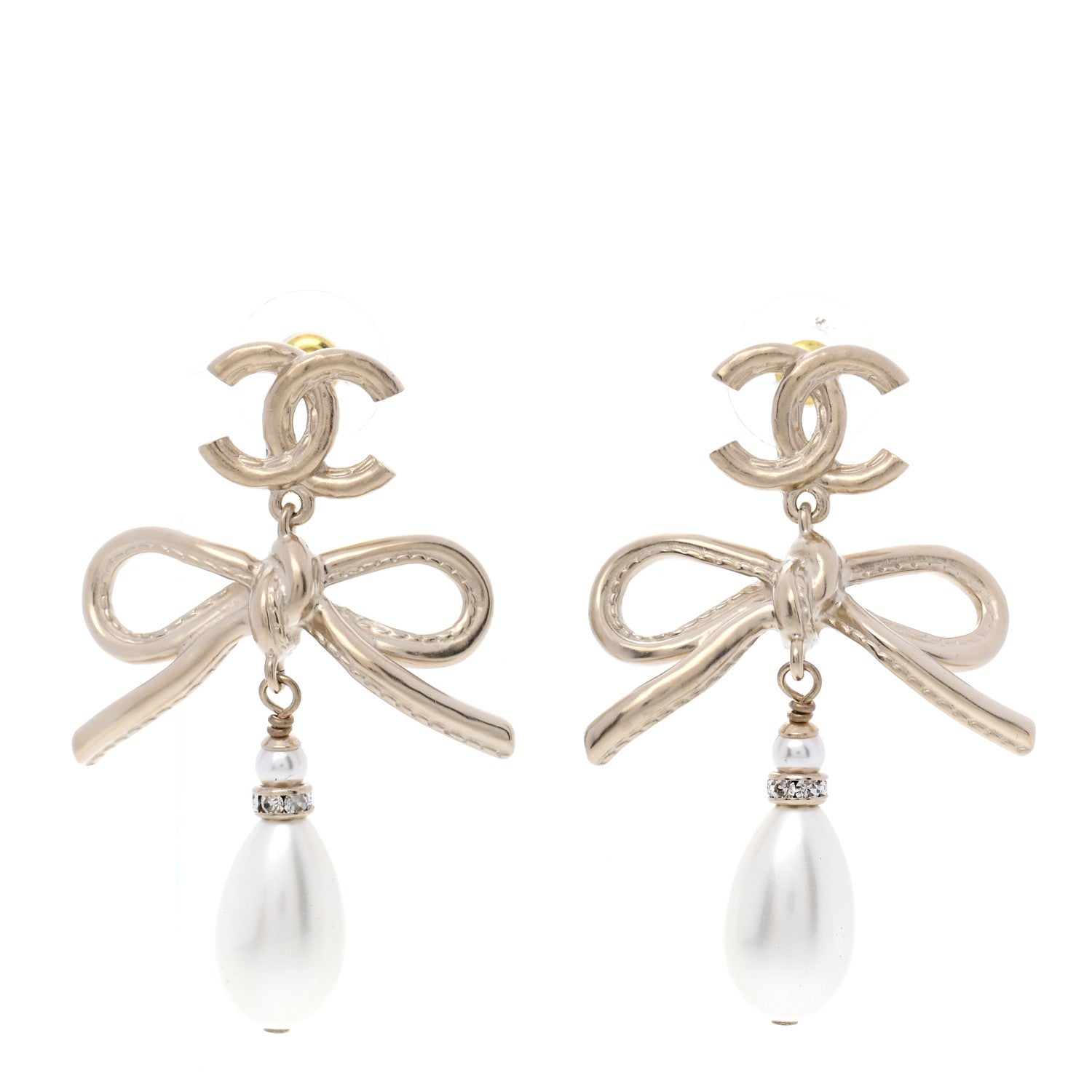 Chanel Pearl Crystal CC Bow Drop Earrings Gold Pearly White 1 of 5