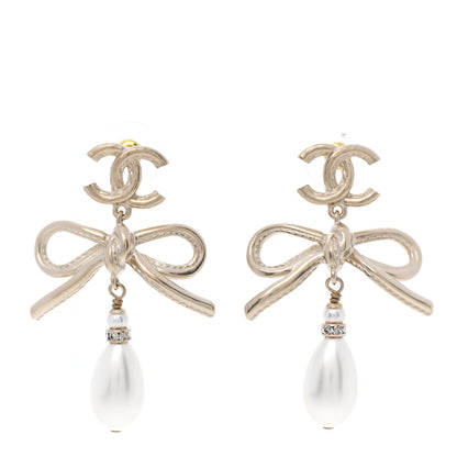 Chanel Pearl Crystal CC Bow Drop Earrings Gold Pearly White 1 of 5