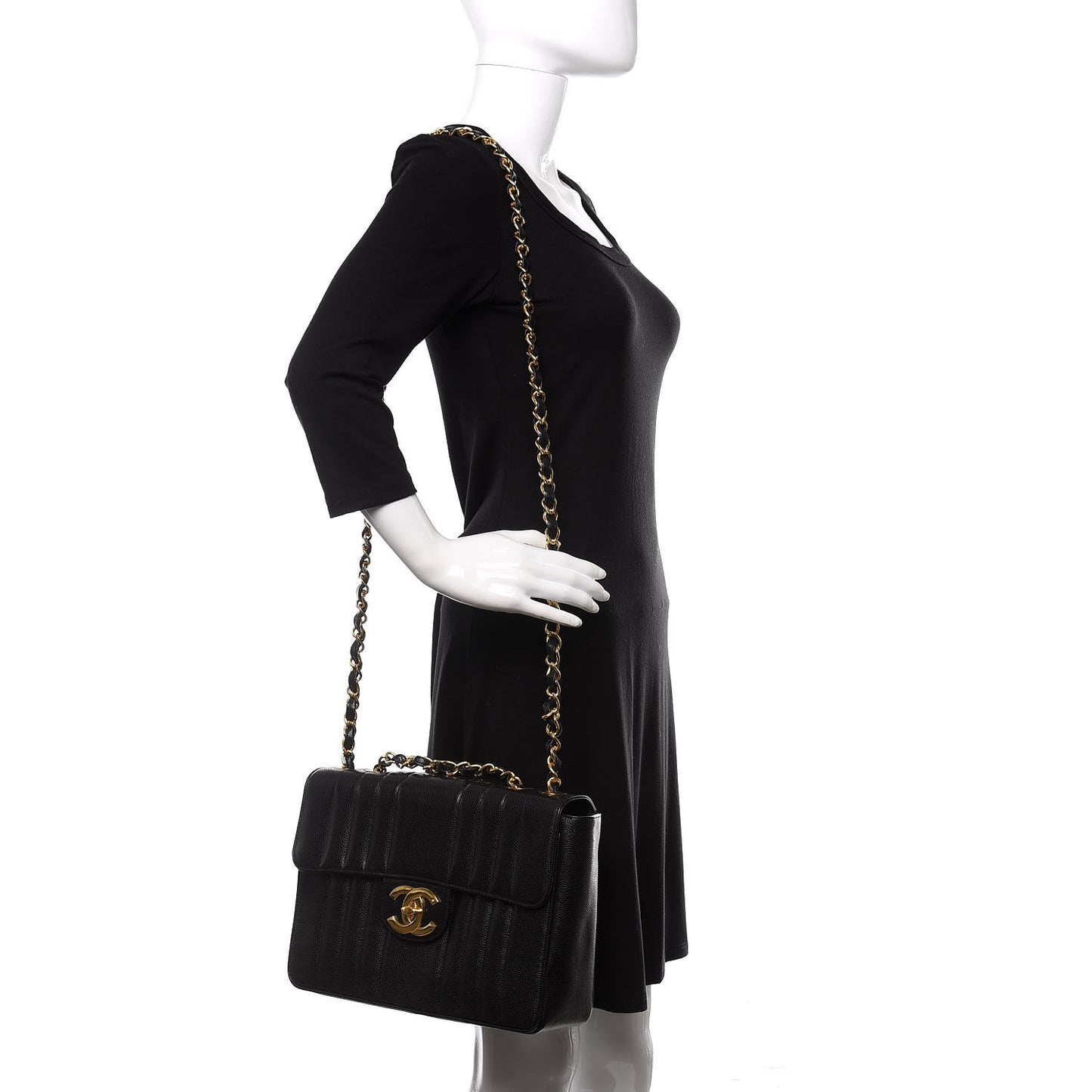 Caviar Vertical Quilted Single Flap Black