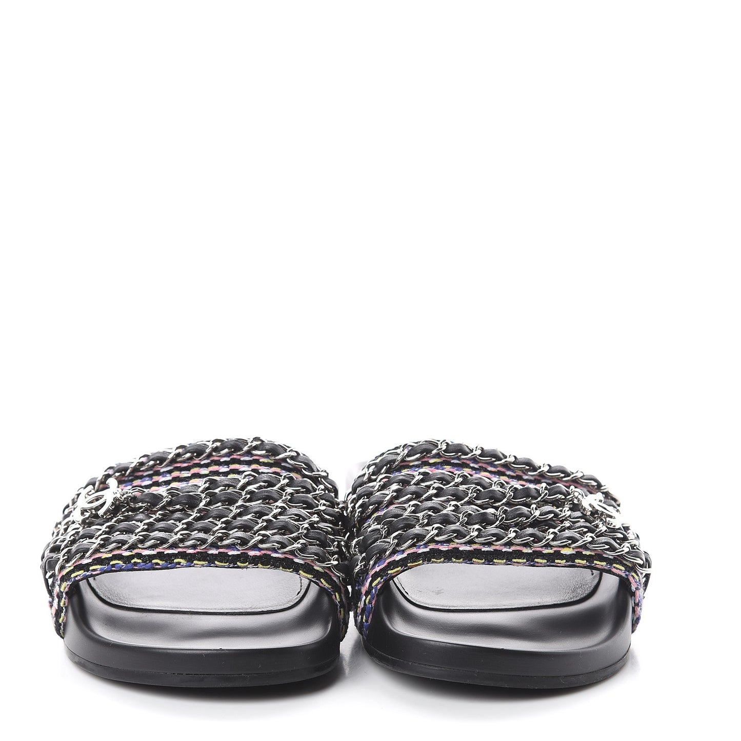 Tweed Lambskin Chain Flat Sandals 36 Black Multicolor