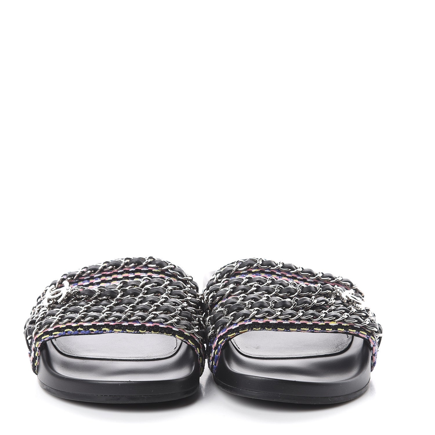 Chanel Tweed Lambskin Chain Flat Sandals 36 Black Multicolor 2 of 7