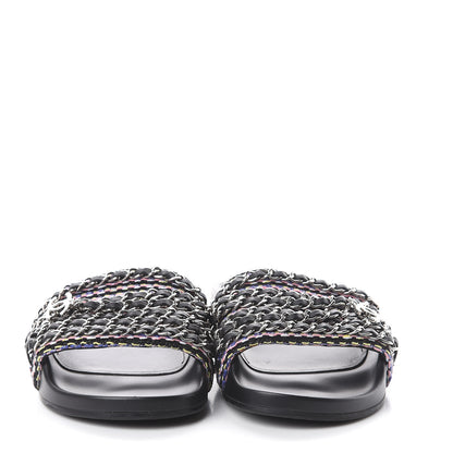 Chanel Tweed Lambskin Chain Flat Sandals 36 Black Multicolor 2 of 7