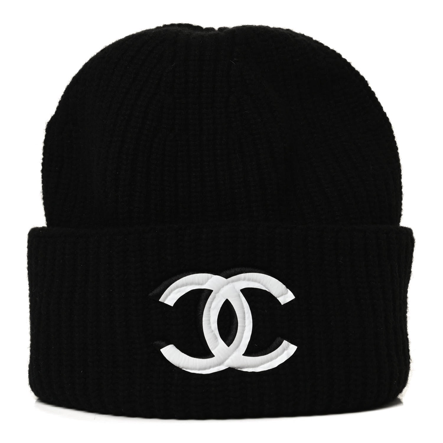 Chanel Wool Cashmere CC Beanie Hat Black White 1 of 5