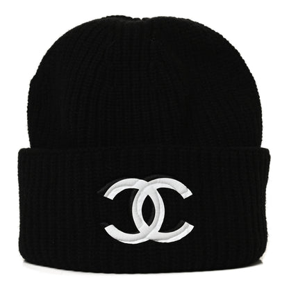 Chanel Wool Cashmere CC Beanie Hat Black White 1 of 5