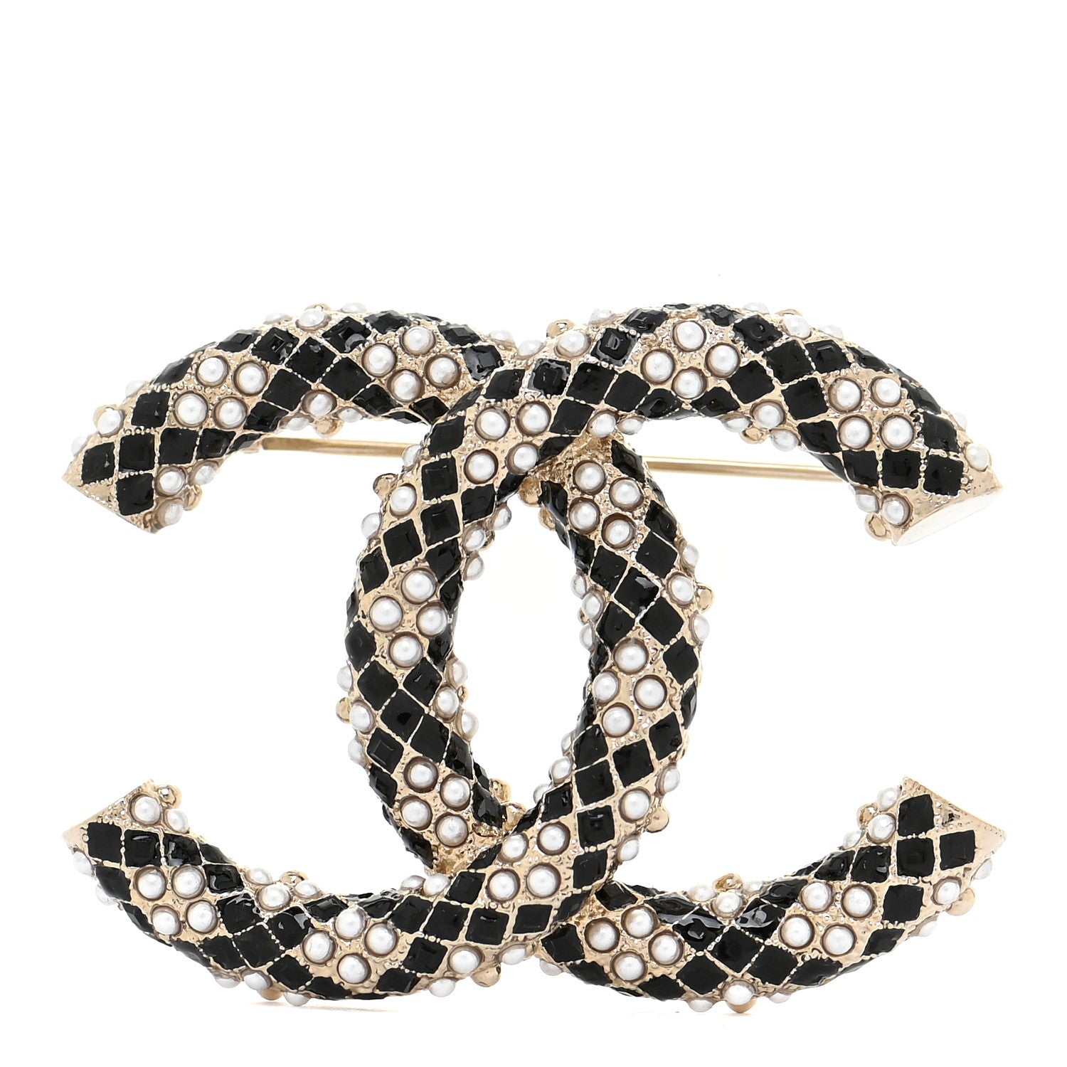 Chanel Pearl Crystal Enamel CC Brooch Black Gold 1 of 5