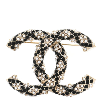 Chanel Pearl Crystal Enamel CC Brooch Black Gold 1 of 5