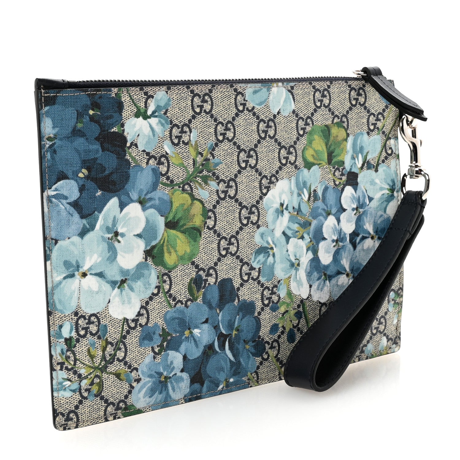 Gucci GG Supreme Monogram Blooms Small Zip Wristlet Pouch Beige Blue Black 3 of 7