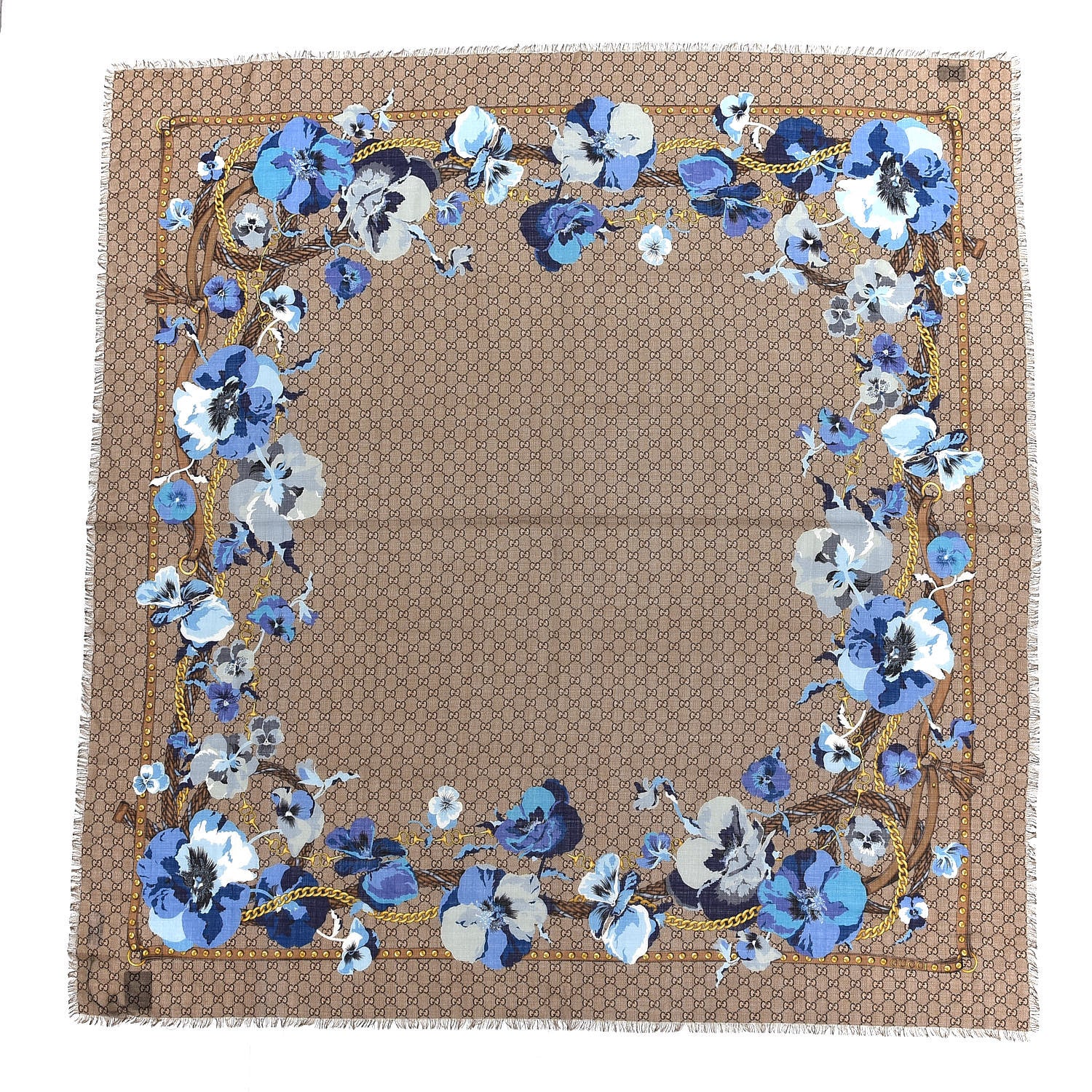 Gucci Wool Jacquard GG Monogram Big Panshie Fringe Shawl Sapphire Beige 1 of 4