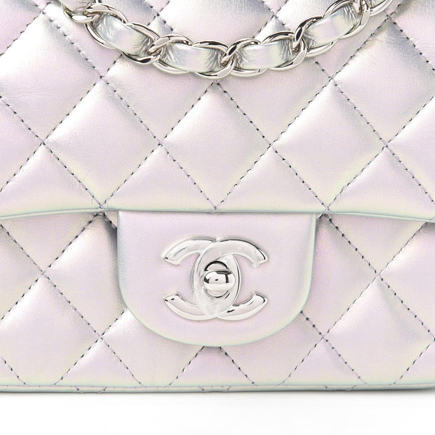 Iridescent Calfskin Quilted Mini Square Flap Light Purple
