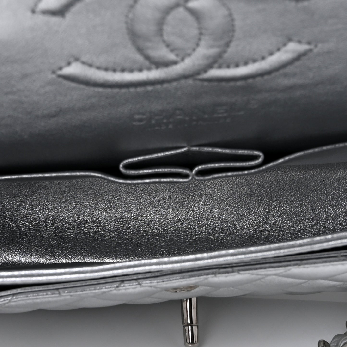 Metallic Lambskin Quilted Medium Double Flap Silver