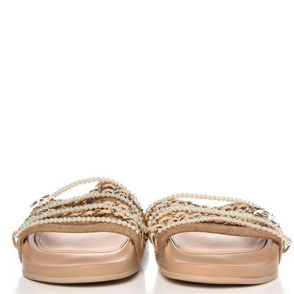 Chanel Felt Pearl Lambskin Chain Flat Sandals 37 Beige 2 of 9