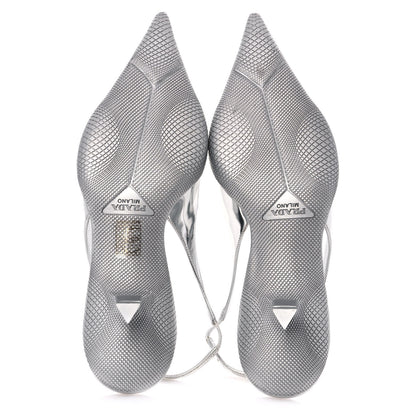 Prada Spazzolato Triangle Logo Pointed Toe 45mm Slingback Pumps 37.5 Argento 5 of 10