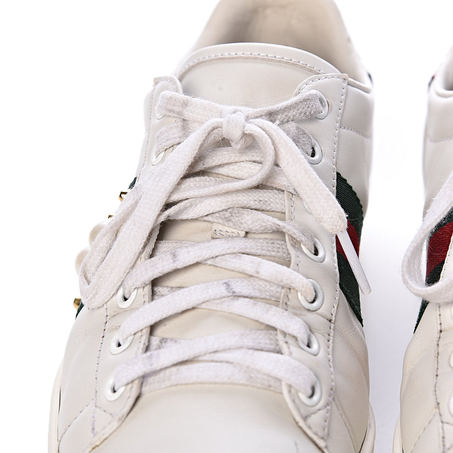 Calfskin Web Pearl Studded Womens Ace Sneakers 37.5 White