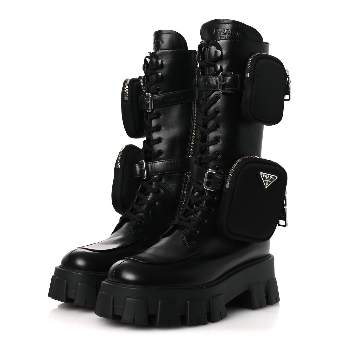 Vitello Lux Nylon Metal Triangle Logo Monolith Pouch Pocket 55mm Tall Combat Boots 38.5 Black