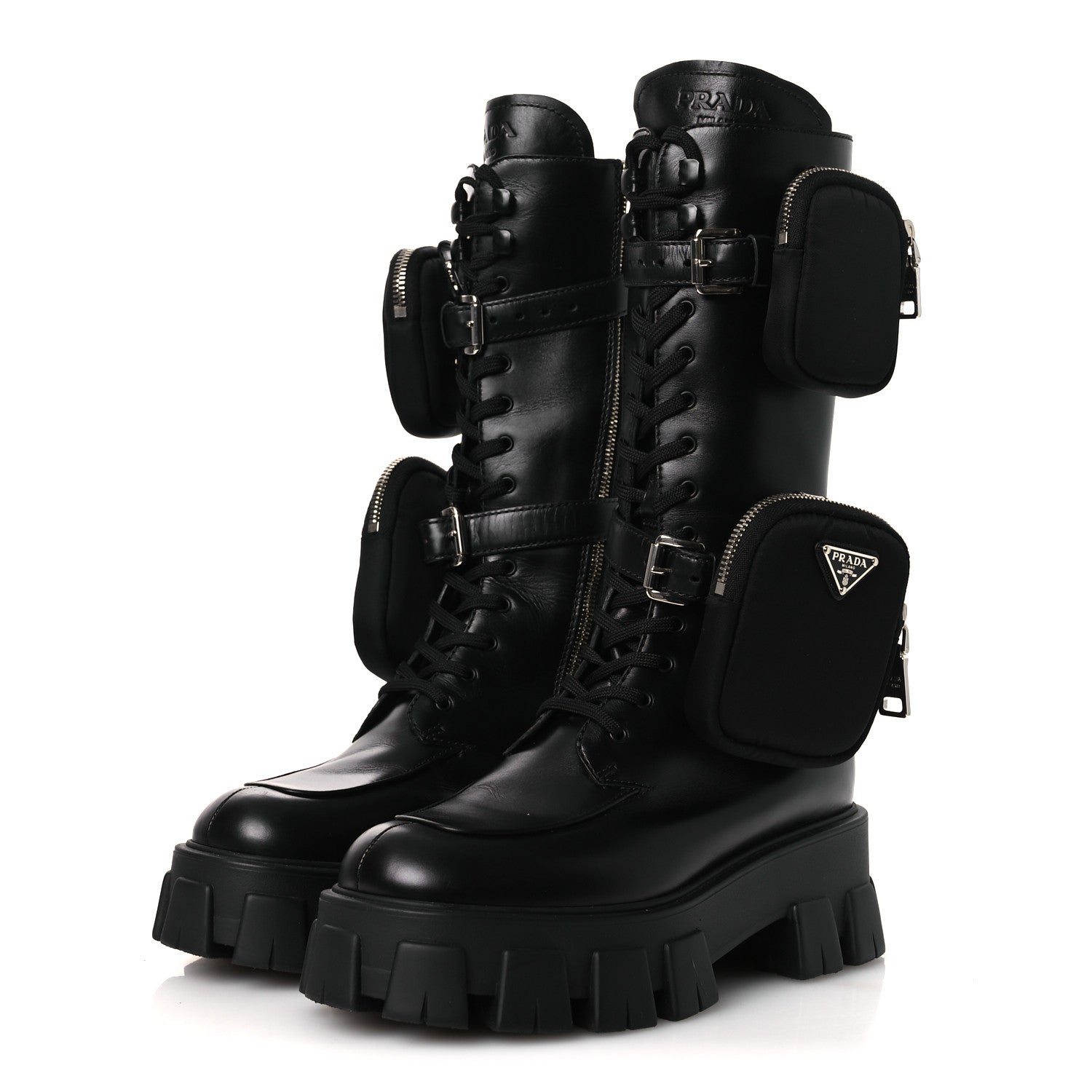 Prada Vitello Lux Nylon Metal Triangle Logo Monolith Pouch Pocket 55mm Tall Combat Boots 38.5 Black 4 of 12