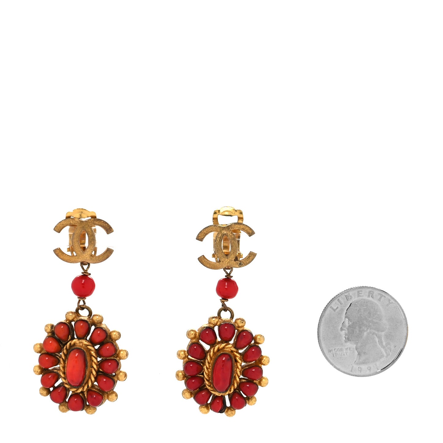 Gripoix Poured Glass CC Drop Clip On Earrings Red Gold