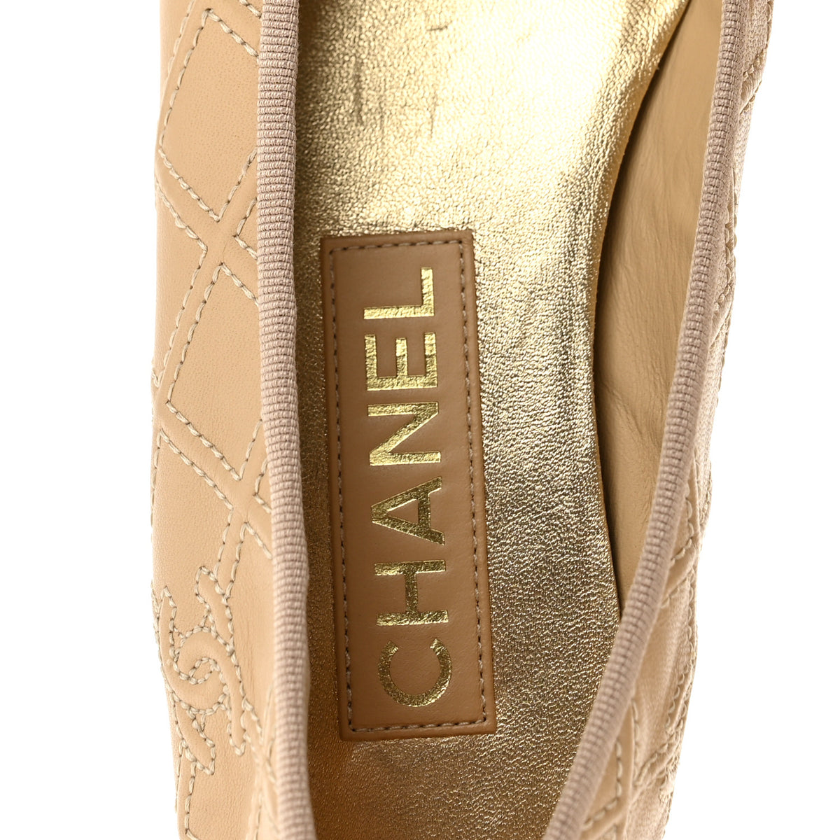 Lambskin Patent Double Stitched CC Cap Toe Ballerina Flats 37 Beige Black